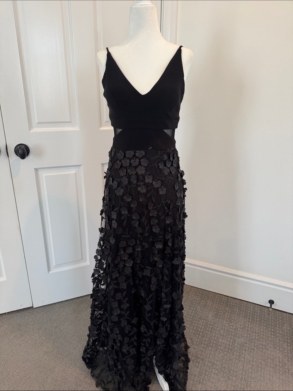 Aqua Black Floral Appliqué Maxi Dress